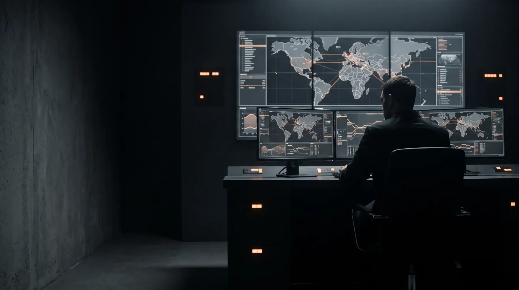 Security operator working in a dark command center